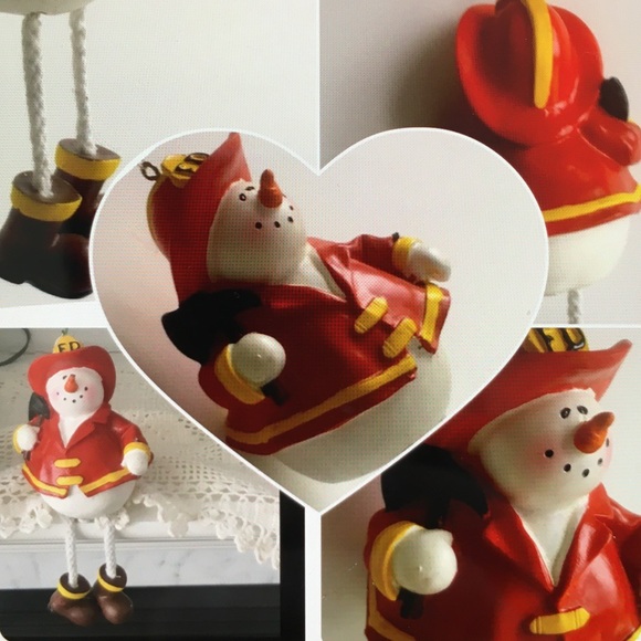 Fire Department Snowman Shelf Sitter Dangling Legs Resin Sculpture - Picture 1 of 16